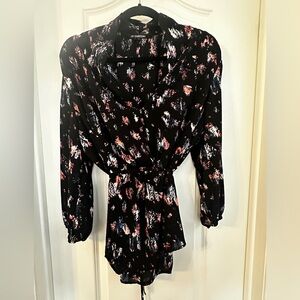 Le Château Black Blouse with Pink and Blue Abstract Brush Print